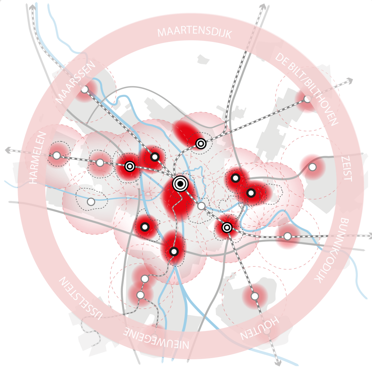 This image shows the locations we intend to develop into new hubs. This will turn Utrecht into a city with multiple centres. The new hubs are Central Leidsche Rijn, Papendorp, Westraven, Lunetten-Koningsweg, Overvecht and the Utrecht Science Park (the area around the university). Near Utrecht Central Station, we are encouraging development around Beurskwartier, Jaarbeurs, along the Merwede Canal and in the Cartesius Triangle. These are places where multiple roads and public transport connections intersect, as well as a places where we can building more homes, amenities, offices and healthcare centres. And public transport in the directions of De Bilt/Bilthoven, Zeist, Bunnik/Odijk, Houten, Nieuwegein, IJsselstein, Harmelen, Maarssen, Maartensdijk.