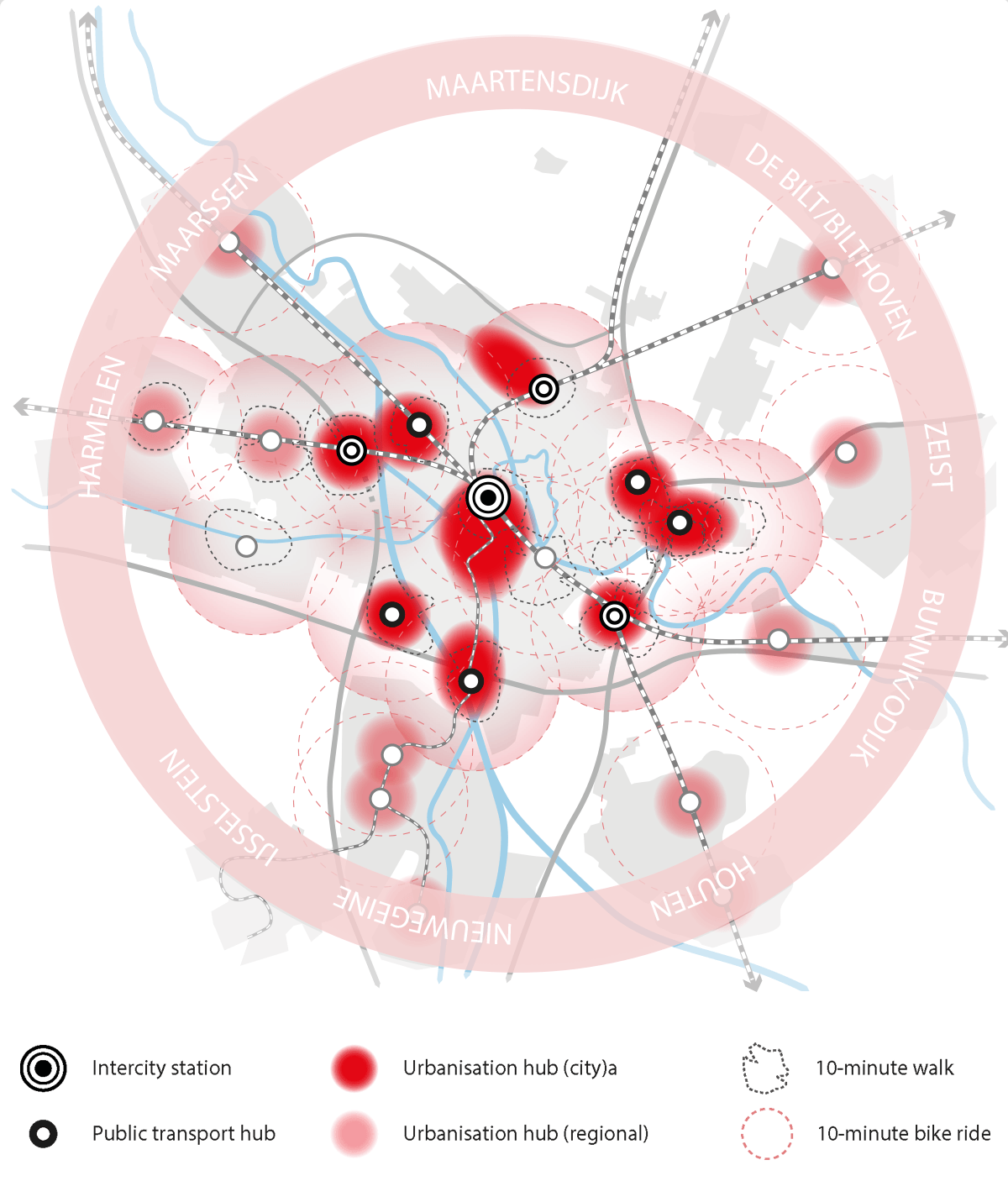 This image shows the locations we intend to develop into new hubs. This will turn Utrecht into a city with multiple centres.